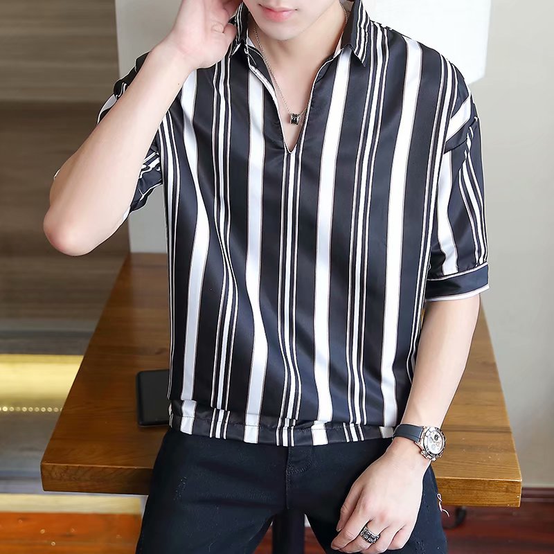 Camisa de rayas de manga corta y corte ajustado para hombre